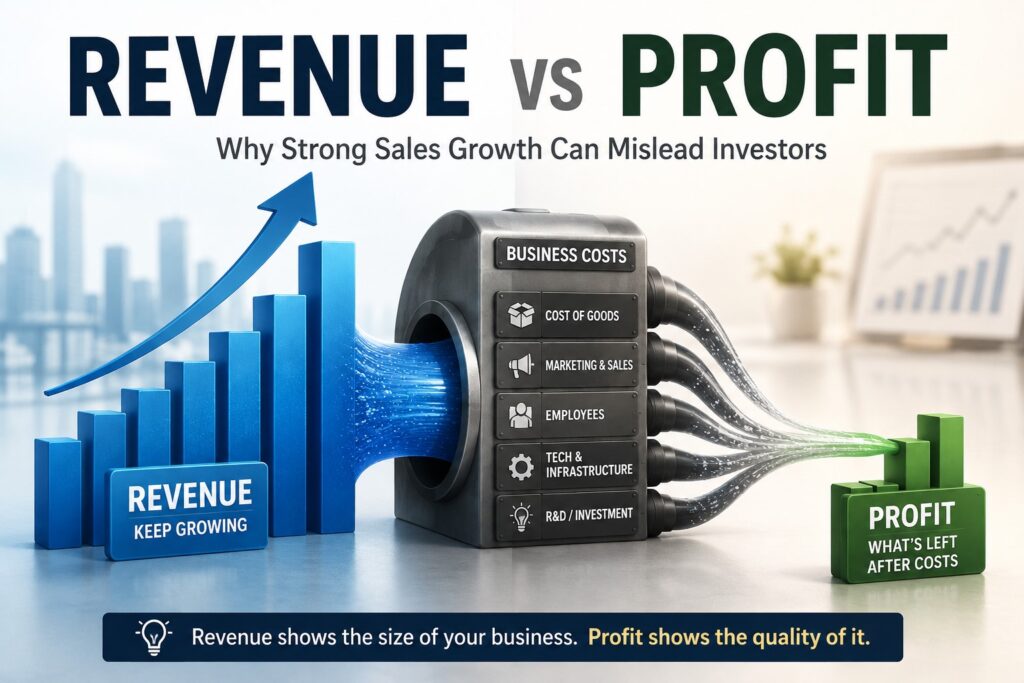 Revenue vs Profit illustration showing strong sales growth reduced by business costs before profit remains