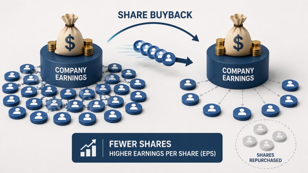 Share buyback illustration showing fewer shares participating in the same company earnings