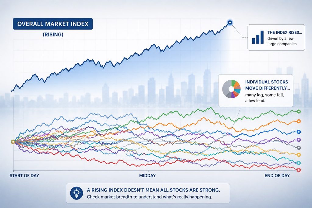 S&P 500 market breadth showing a rising index with mixed individual stock performance