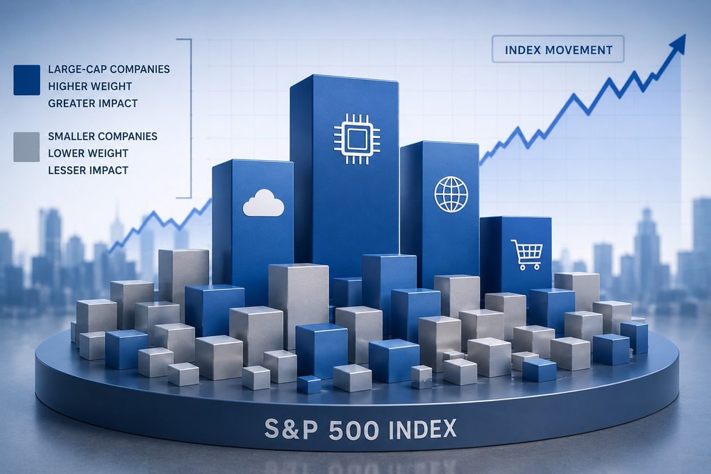 S&P 500 market-cap weighting showing larger companies having greater index influence