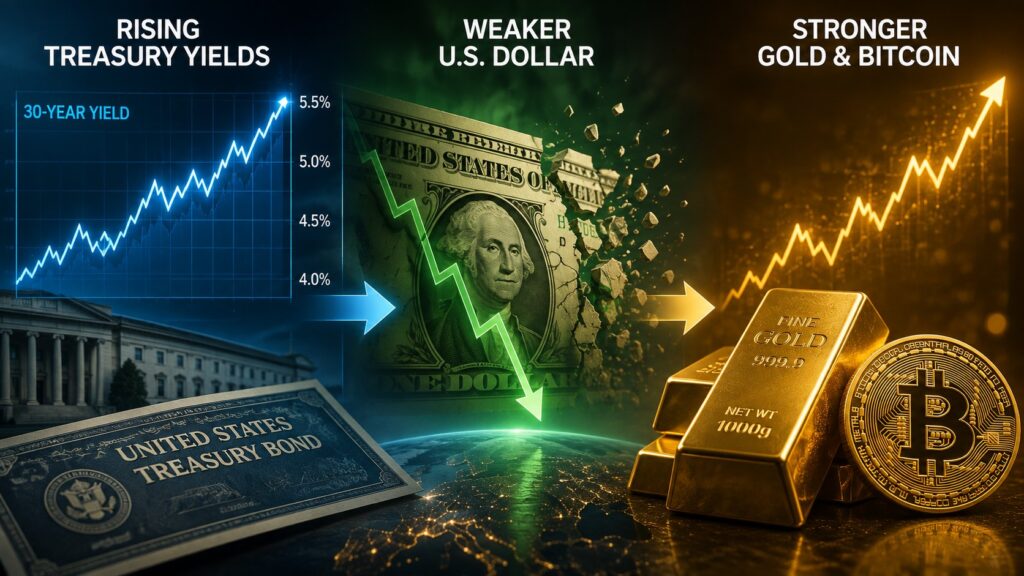 Rising Treasury yields and a weaker dollar alongside gold and Bitcoin