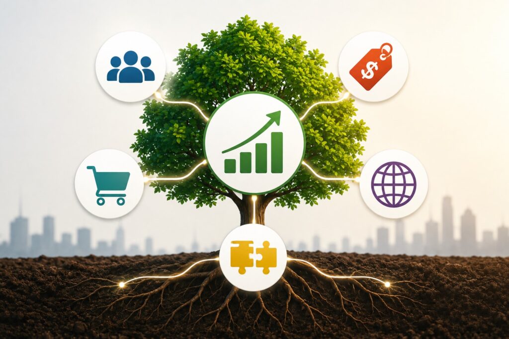 Business growth drivers including customers, pricing, demand, expansion, and acquisitions