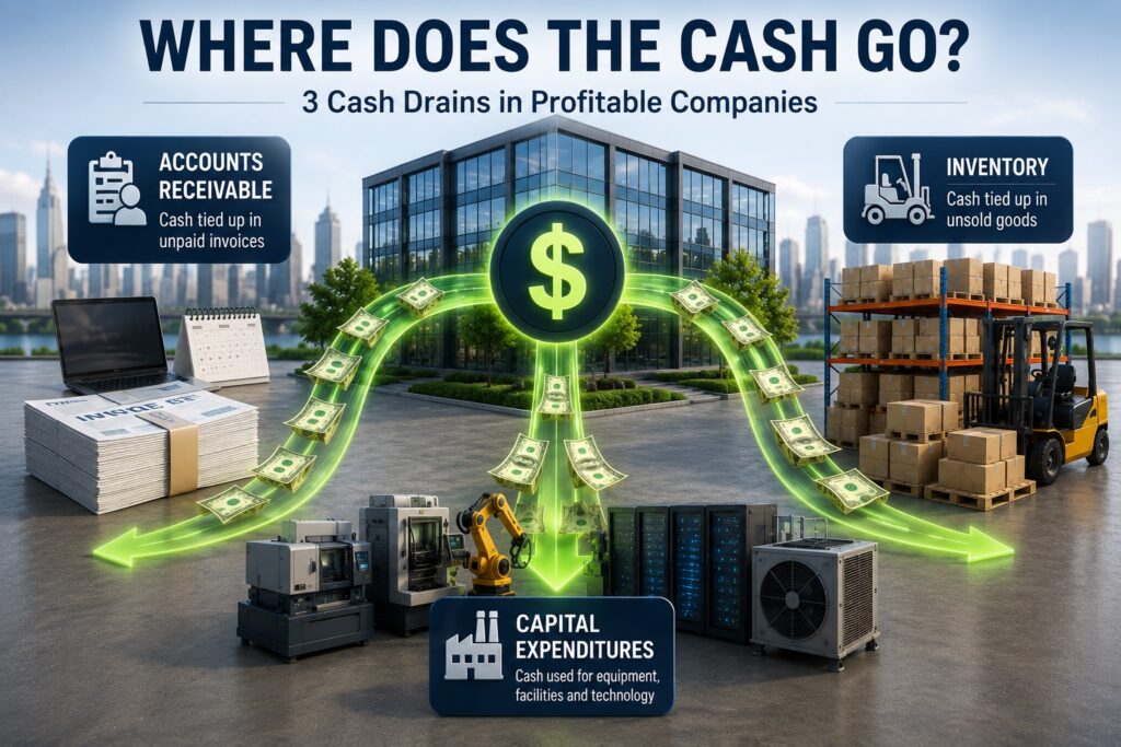 Business cash flowing into accounts receivable inventory and capital expenditures