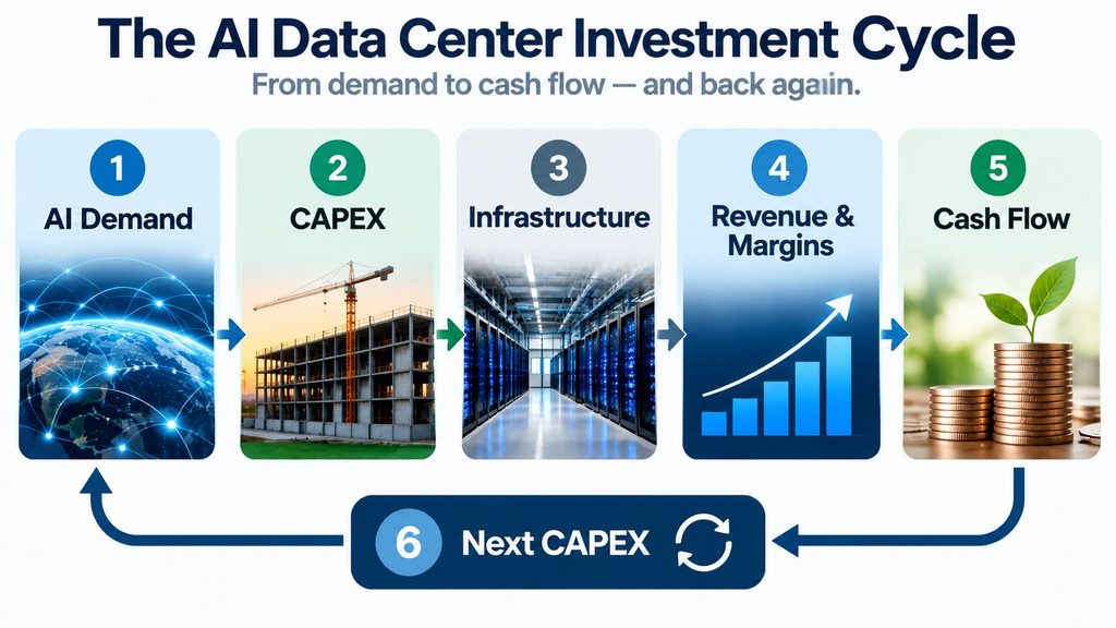 AI data center investment cycle from demand and CAPEX to cash flow