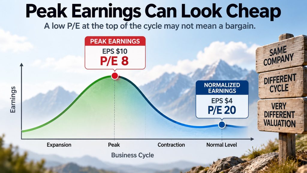 Cyclical value trap illustration showing a low P/E at peak earnings and a higher normalized P/E