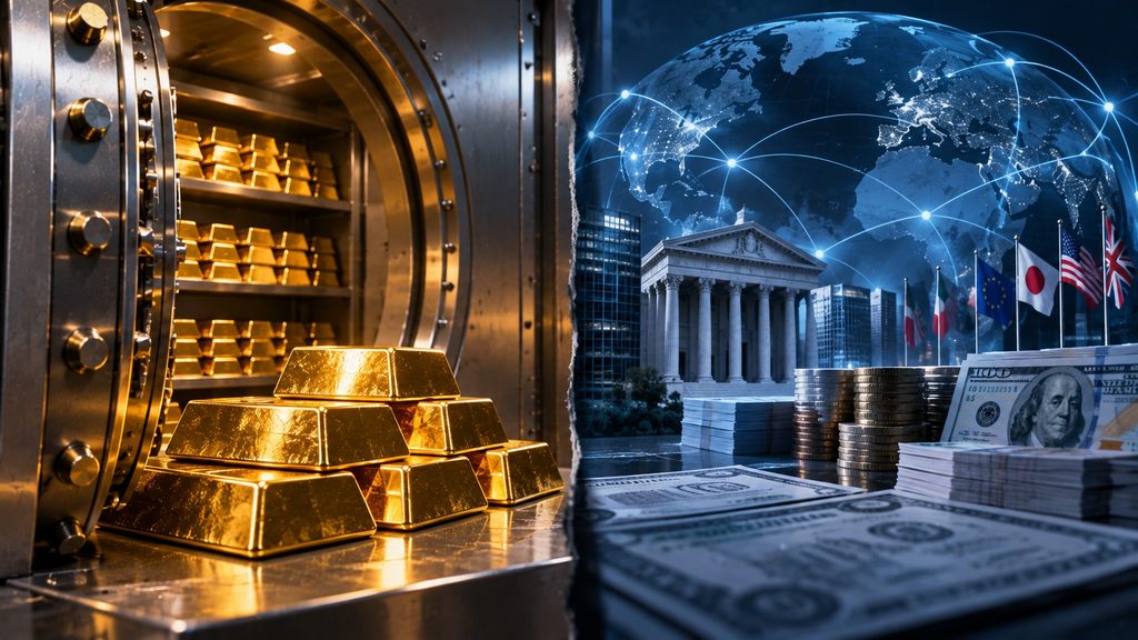 Physical gold reserves contrasted with cross-border financial assets and custody risk
