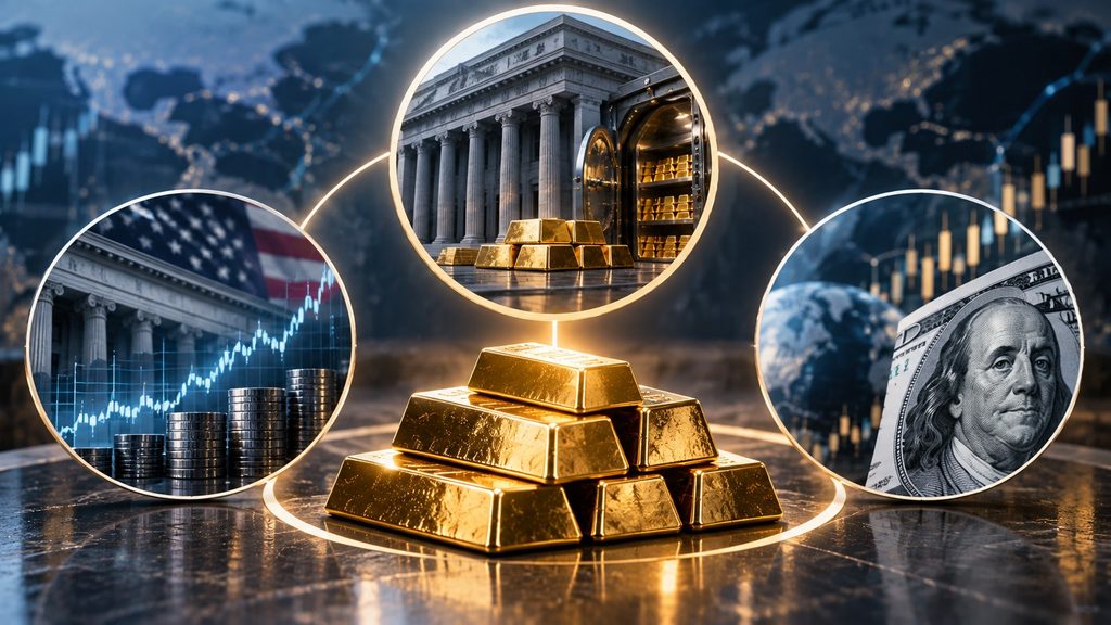 Gold market concept showing real yields, the U.S. dollar, and central bank demand