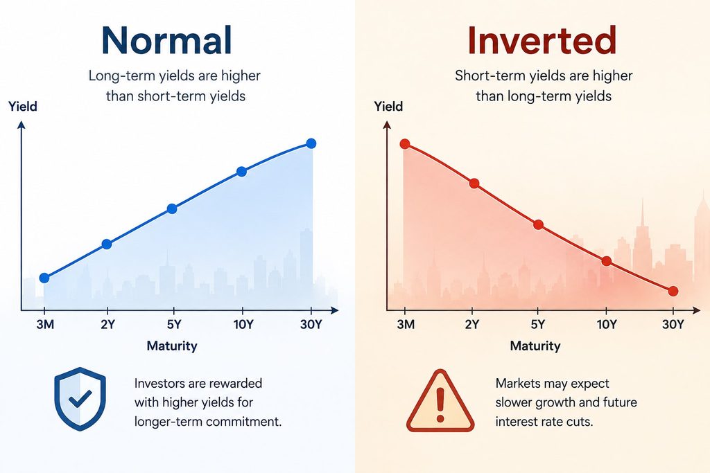 Normal and Inverted Yield Curve comparison showing rising and falling Treasury yield curves