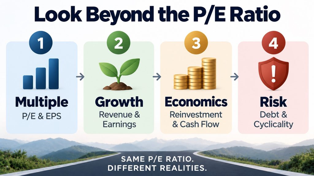 Four-layer framework for comparing P/E ratios using growth, economics, and risk