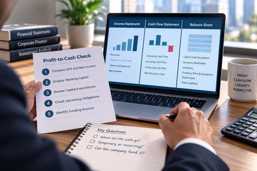Investor comparing net income, operating cash flow, working capital, capital expenditures, and liquidity