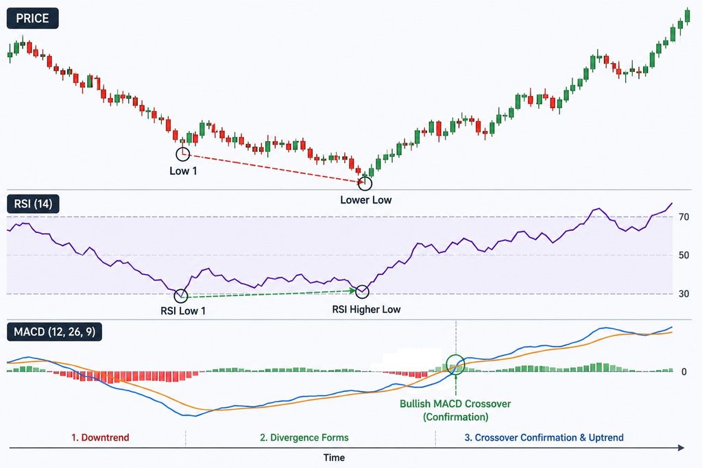 Bullish RSI divergence showing a lower price low and higher RSI low before MACD crossover confirmation