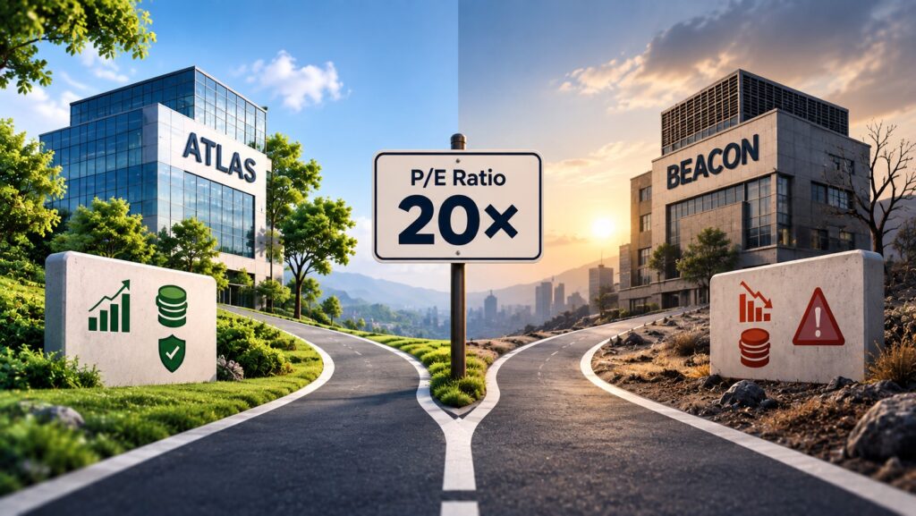 Two hypothetical stocks with the same P/E ratio but different business fundamentals