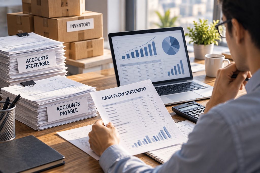 Investor analyzing receivables inventory payables and operating cash flow