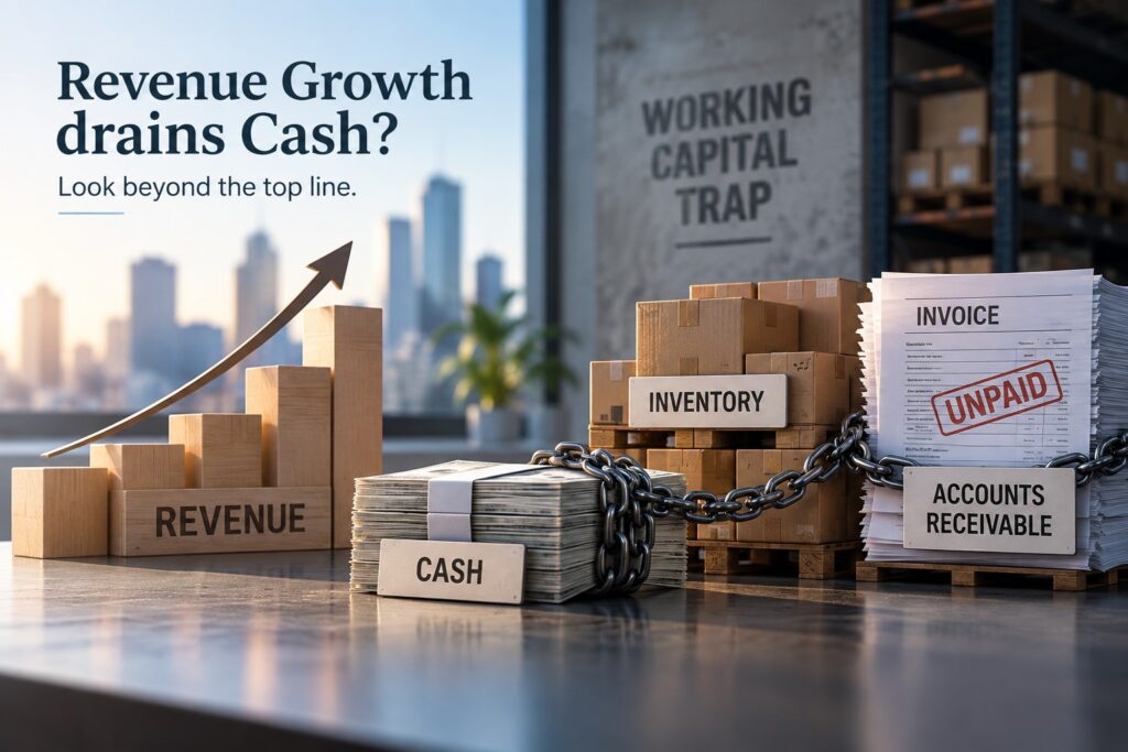 Working capital trap showing cash tied up as revenue grows