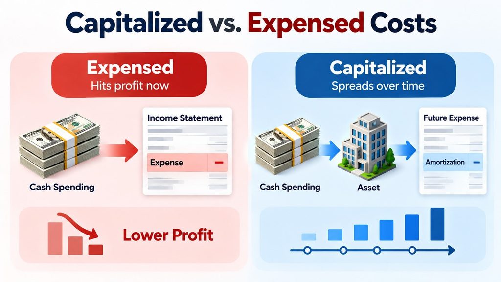 Capitalized vs expensed costs showing immediate expense versus future amortization